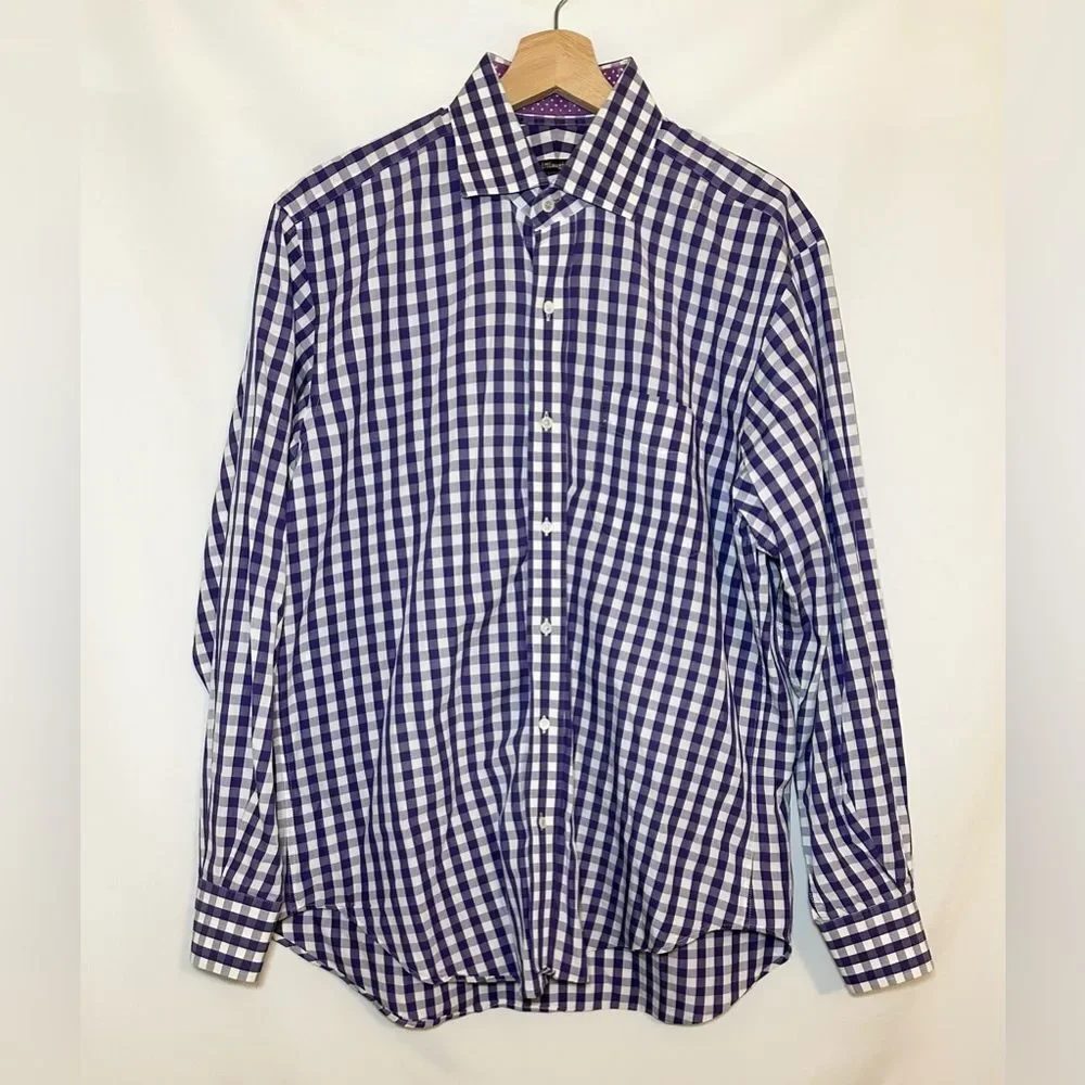 J. McLaughlin Purple White Gingham Plaid Button-Down Long Sleeve Shirt Men's MED